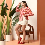 Red Striped Flower Printed Cotton Shirt Long Sleeve - Image 5