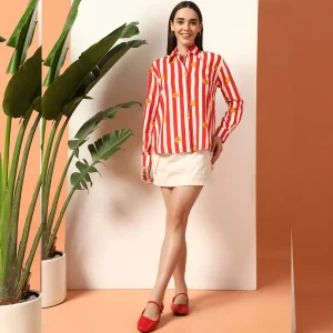 Red Striped Flower Printed Cotton Shirt Long Sleeve - Image 6