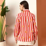 Red Striped Flower Printed Cotton Shirt Long Sleeve - Image 8
