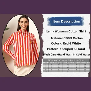 Red Striped Flower Printed Cotton Shirt Long Sleeve - Image 9