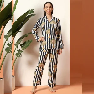 Women Comfortable Cotton Sleepwear Dress Blue Striped - Image 3