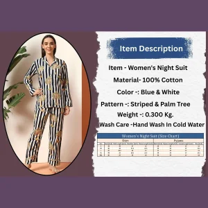 Women Comfortable Cotton Sleepwear Dress Blue Striped - Image 10