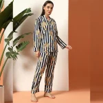 Women Comfortable Cotton Sleepwear Dress Blue Striped - Image 4