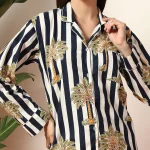 Women Comfortable Cotton Sleepwear Dress Blue Striped - Image 6