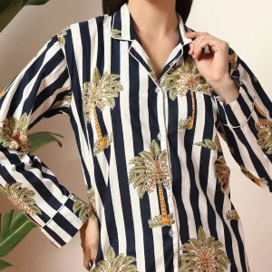Women Comfortable Cotton Sleepwear Dress Blue Striped - Image 6
