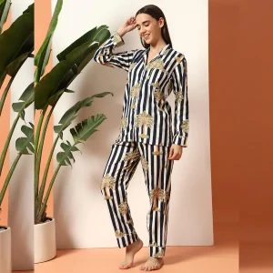 Women Comfortable Cotton Sleepwear Dress Blue Striped - Image 5