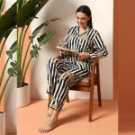 Women Comfortable Cotton Sleepwear Dress Blue Striped - Image 2