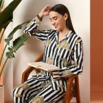 Women Comfortable Cotton Sleepwear Dress Blue Striped