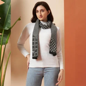 Women Gray Soft Acrylic Wool Checkered Winter Scarf - Image 3