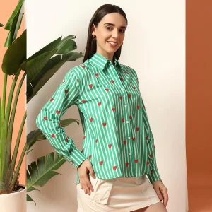 Women Striped Casual Green Shirt - Image 4