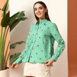 Women Striped Casual Green Shirt - Image 2