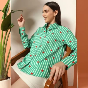 Women Striped Casual Green Shirt - Image 5