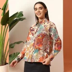Women's Beige Floral Printed Long Sleeve Casual Shirt