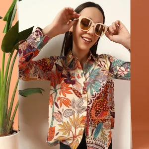 Women's Beige Floral Printed Long Sleeve Casual Shirt - Image 3