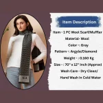 Women's Gray Diamond Wool Muffler Winter Scarves - Image 9