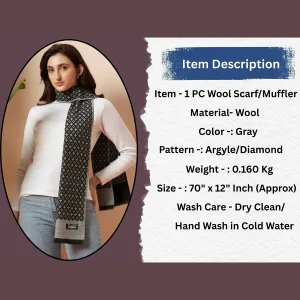 Women's Gray Diamond Wool Muffler Winter Scarves - Image 9
