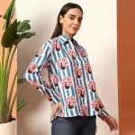 Women's Long Sleeve Casual Shirt Blue Striped And Peacock Printed - Image 2