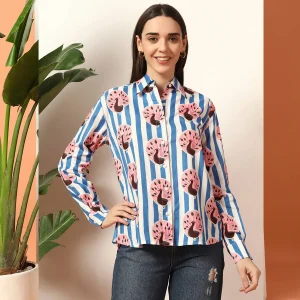 Women's Long Sleeve Casual Shirt Blue Striped And Peacock Printed - Image 3