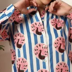 Women's Long Sleeve Casual Shirt Blue Striped And Peacock Printed - Image 4