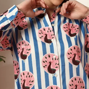 Women's Long Sleeve Casual Shirt Blue Striped And Peacock Printed - Image 4