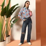 Women's Long Sleeve Casual Shirt Blue Striped And Peacock Printed - Image 5