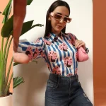 Women's Long Sleeve Casual Shirt Blue Striped And Peacock Printed