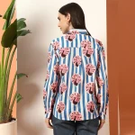 Women's Long Sleeve Casual Shirt Blue Striped And Peacock Printed - Image 7