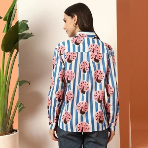 Women's Long Sleeve Casual Shirt Blue Striped And Peacock Printed - Image 7