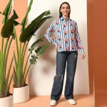 Women's Long Sleeve Casual Shirt Blue Striped And Peacock Printed - Image 6