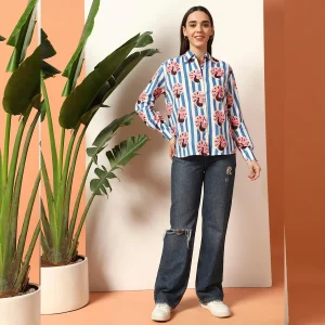Women's Long Sleeve Casual Shirt Blue Striped And Peacock Printed - Image 6
