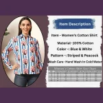 Women's Long Sleeve Casual Shirt Blue Striped And Peacock Printed - Image 8