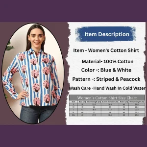 Women's Long Sleeve Casual Shirt Blue Striped And Peacock Printed - Image 8