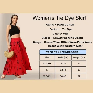 Women's Red And Black Tie Dye Print Cotton Skirt - Image 8