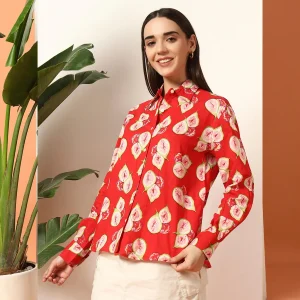 Women's Red Guava Print Cotton Casual Shirt - Image 4