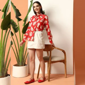 Women's Red Guava Print Cotton Casual Shirt - Image 3