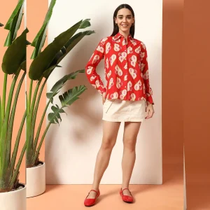 Women's Red Guava Print Cotton Casual Shirt - Image 6