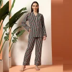 Women's Summer Cotton Night Pajama Set Black Striped Print - Image 3