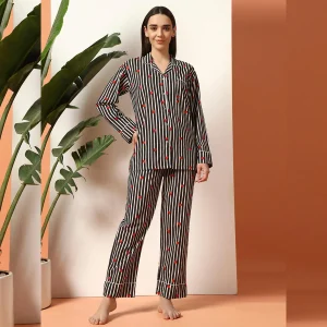 Women's Summer Cotton Night Pajama Set Black Striped Print - Image 3