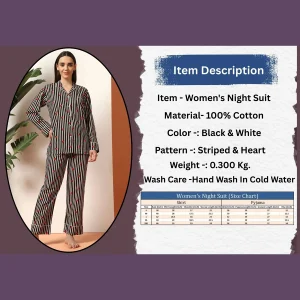 Women's Summer Cotton Night Pajama Set Black Striped Print - Image 10