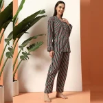 Women's Summer Cotton Night Pajama Set Black Striped Print - Image 4