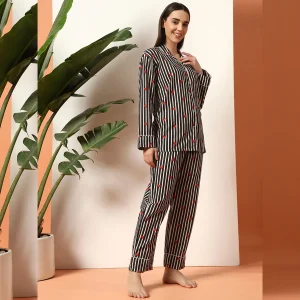 Women's Summer Cotton Night Pajama Set Black Striped Print - Image 4