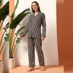 Women's Summer Cotton Night Pajama Set Black Striped Print - Image 5