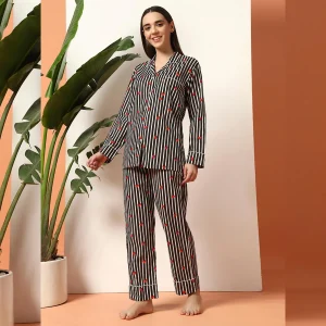 Women's Summer Cotton Night Pajama Set Black Striped Print - Image 5