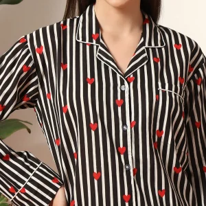 Women's Summer Cotton Night Pajama Set Black Striped Print - Image 6