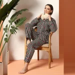 Women's Summer Cotton Night Pajama Set Black Striped Print - Image 2