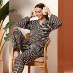 Women's Summer Cotton Night Pajama Set Black Striped Print
