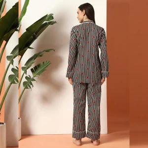 Women's Summer Cotton Night Pajama Set Black Striped Print - Image 9