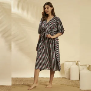 Beachwear Plus Size Cotton Kaftan Black Striped Heart Print - Image 3