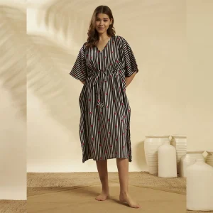 Beachwear Plus Size Cotton Kaftan Black Striped Heart Print - Image 4