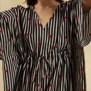 Beachwear Plus Size Cotton Kaftan Black Striped Heart Print - Image 6